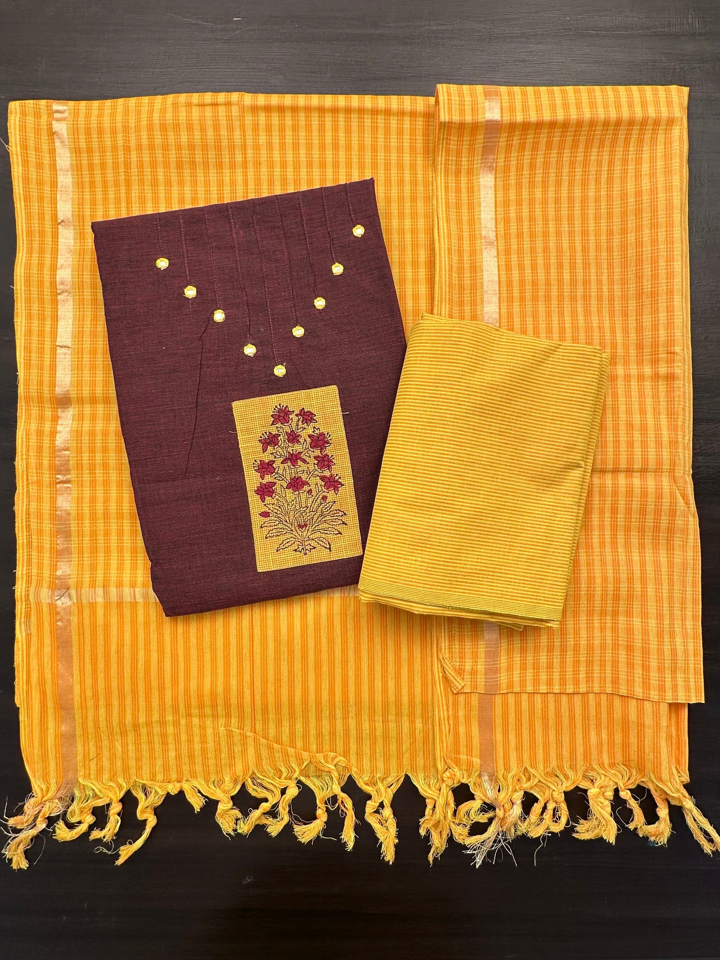 Maroon-Yellow South Cotton 3-Piece Suit