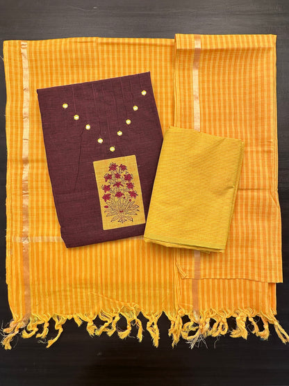 Maroon-Yellow South Cotton 3-Piece Suit