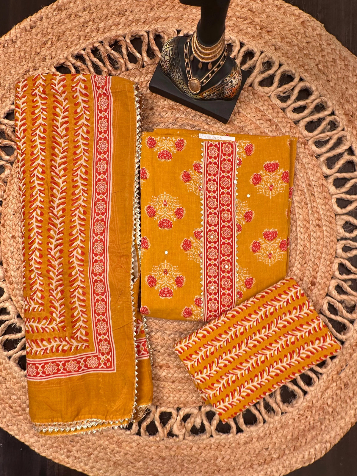 Mustard Jaipuri Necktie Cotton 3-Piece Suit
