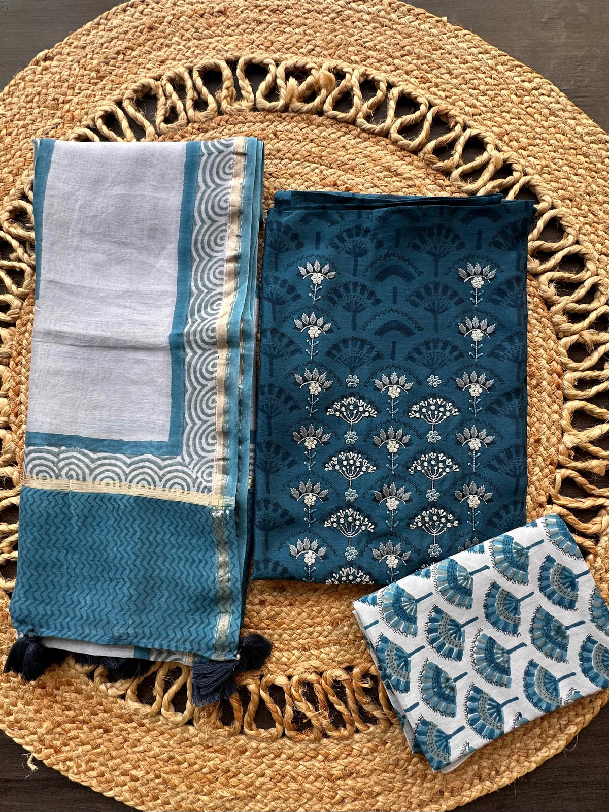 Navy Blue Chanderi Hand Block Printed 3-Piece Unstitched Suit