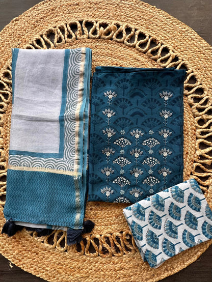 Navy Blue Chanderi Hand Block Printed 3-Piece Unstitched Suit