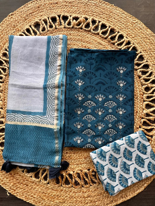 Navy Blue Chanderi Hand Block Printed 3-Piece Unstitched Suit
