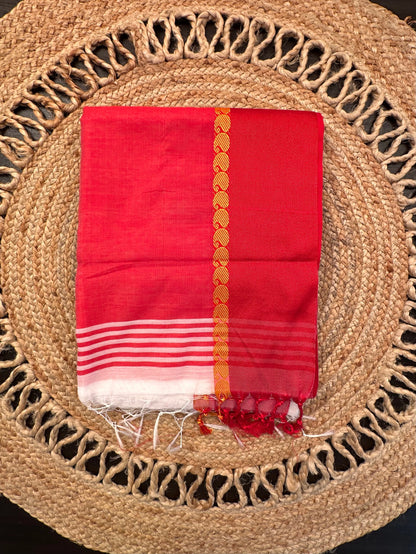 Off White-Red Doodh Aalta Cotton Saree
