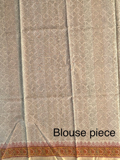 Off White- Black Block Printed Kota Doria Cotton Saree