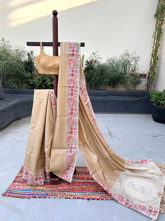 Golden-Beige Printed Art Silk Saree