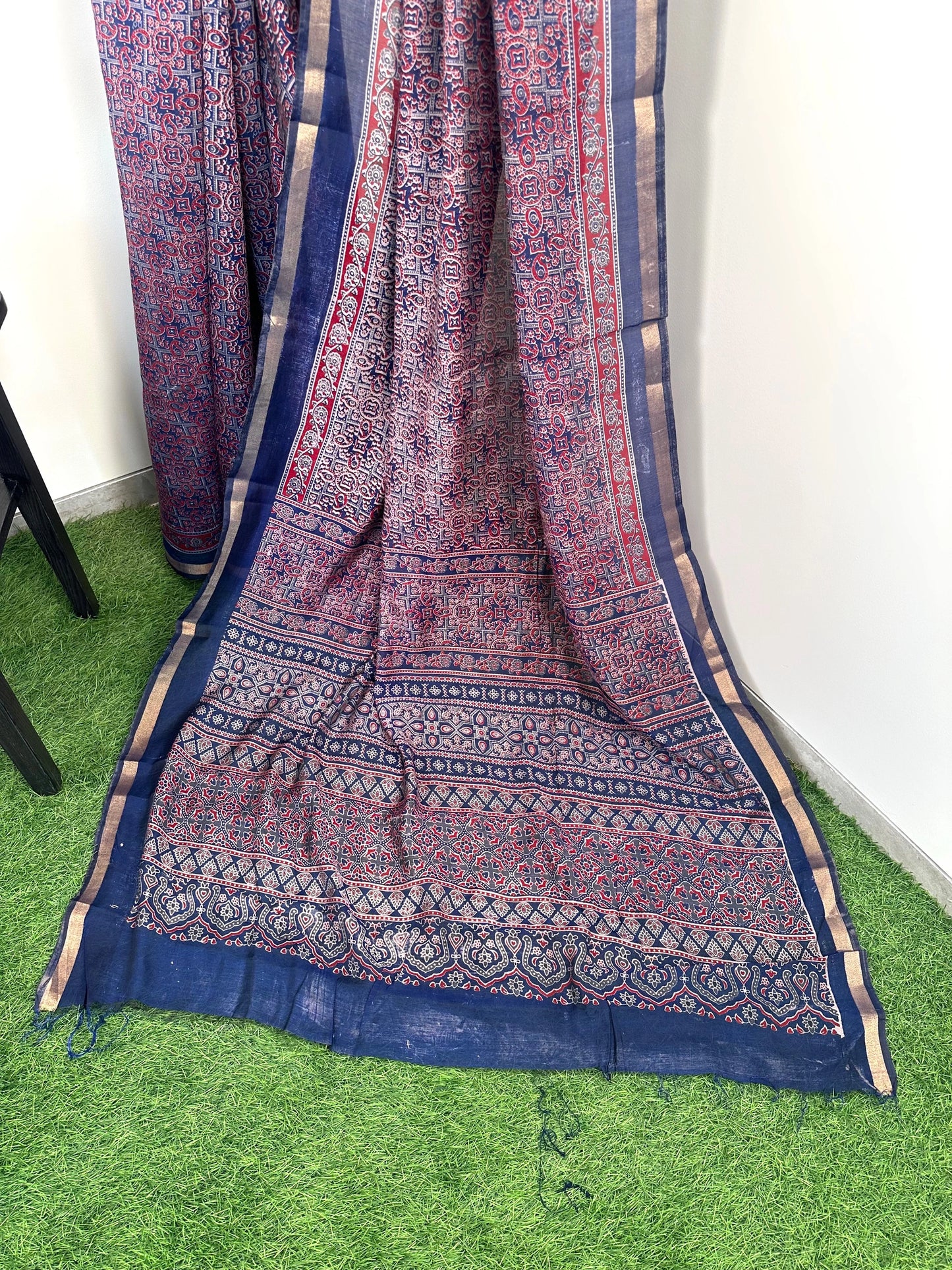 Navy Blue Ajrakh Print Cotton Blend Saree