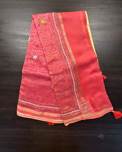 Yellow-Red Block Print Chanderi Saree With Kaantha Stitch