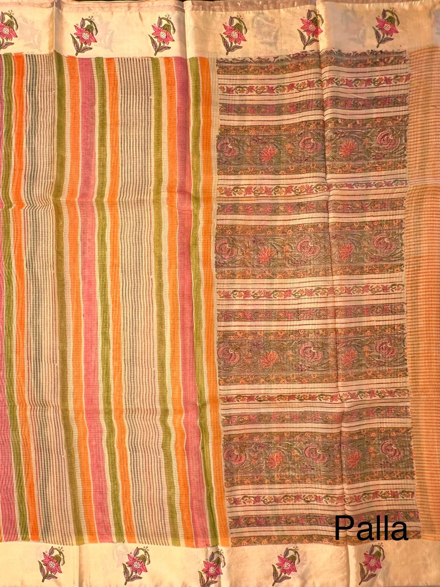 Lemon-Multi Colour Hand Block-Print Pure Kota Doria Silk Saree