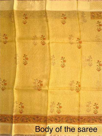 Yellow Hand Block-Print Pure Kota Doria Silk Saree