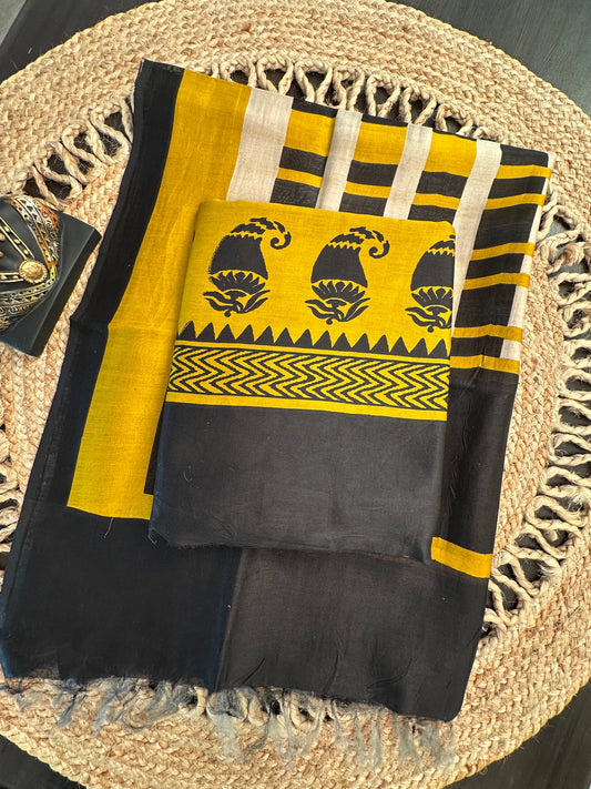 Mustard-Black Printed Chanderi 3-Piece Unstitched Suit