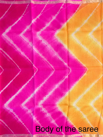 Yellow-Pink Leheriya Kota Doria Pure Silk Saree