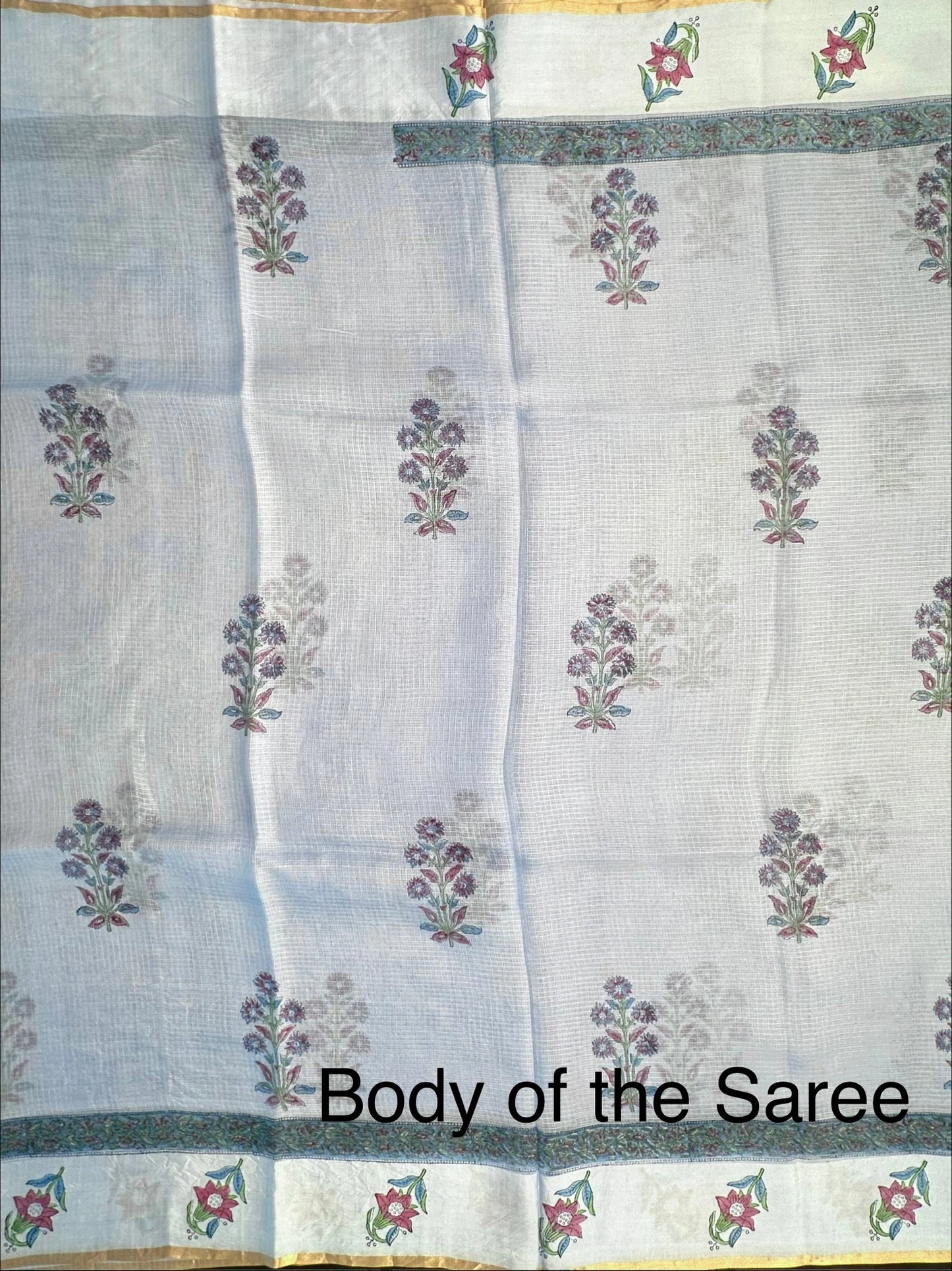 Pastel Blue Hand Block-Print Pure Kota Doria Silk Saree