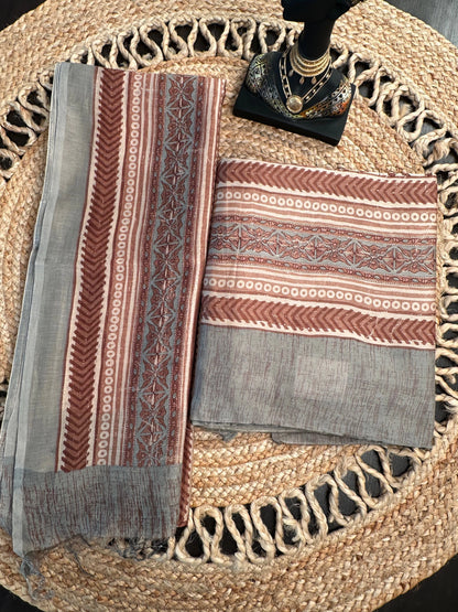 Grey Printed Chanderi 3-Piece Unstitched Suit