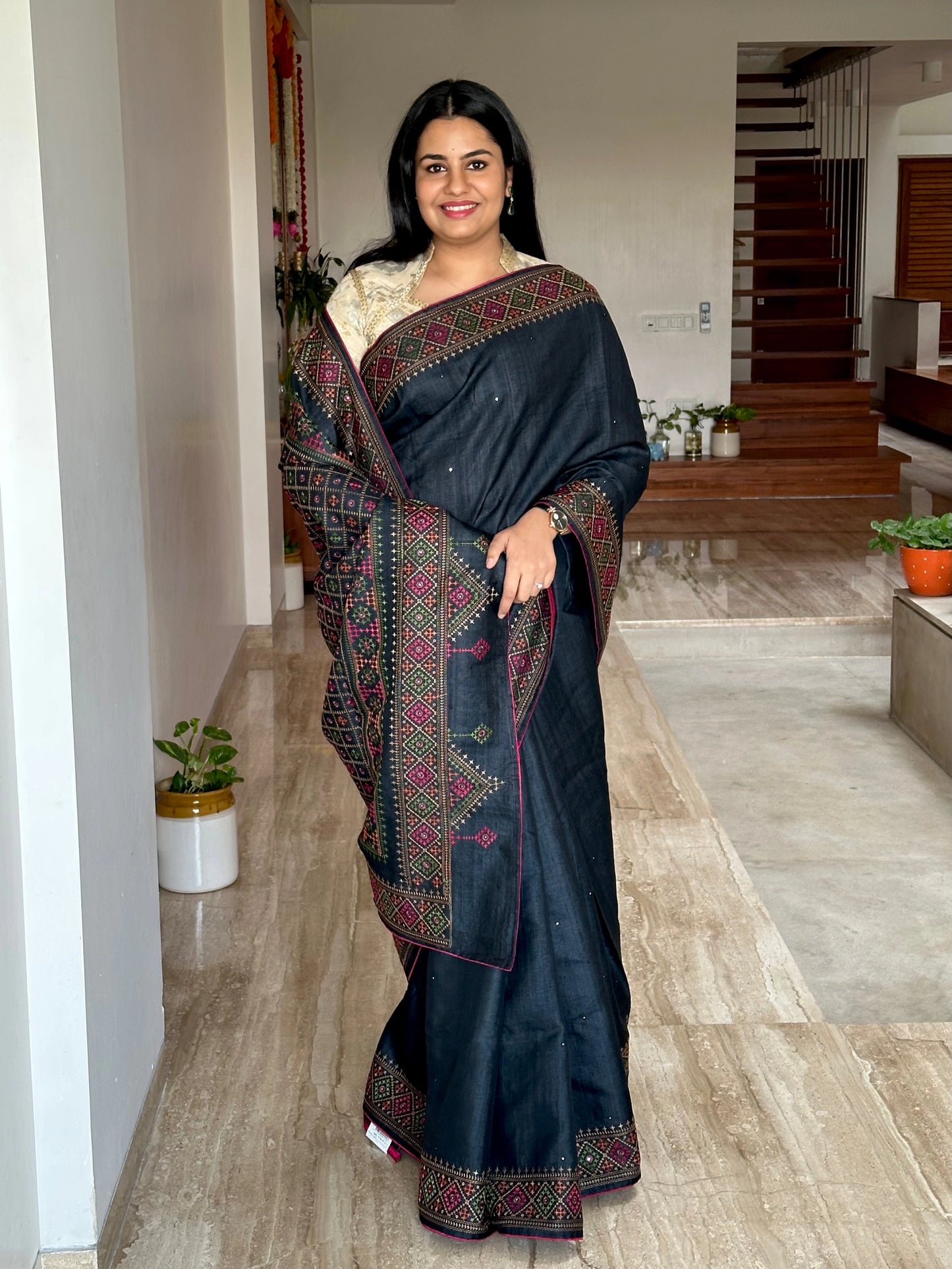 Black Pure Tussar Silk Saree With Embroidery