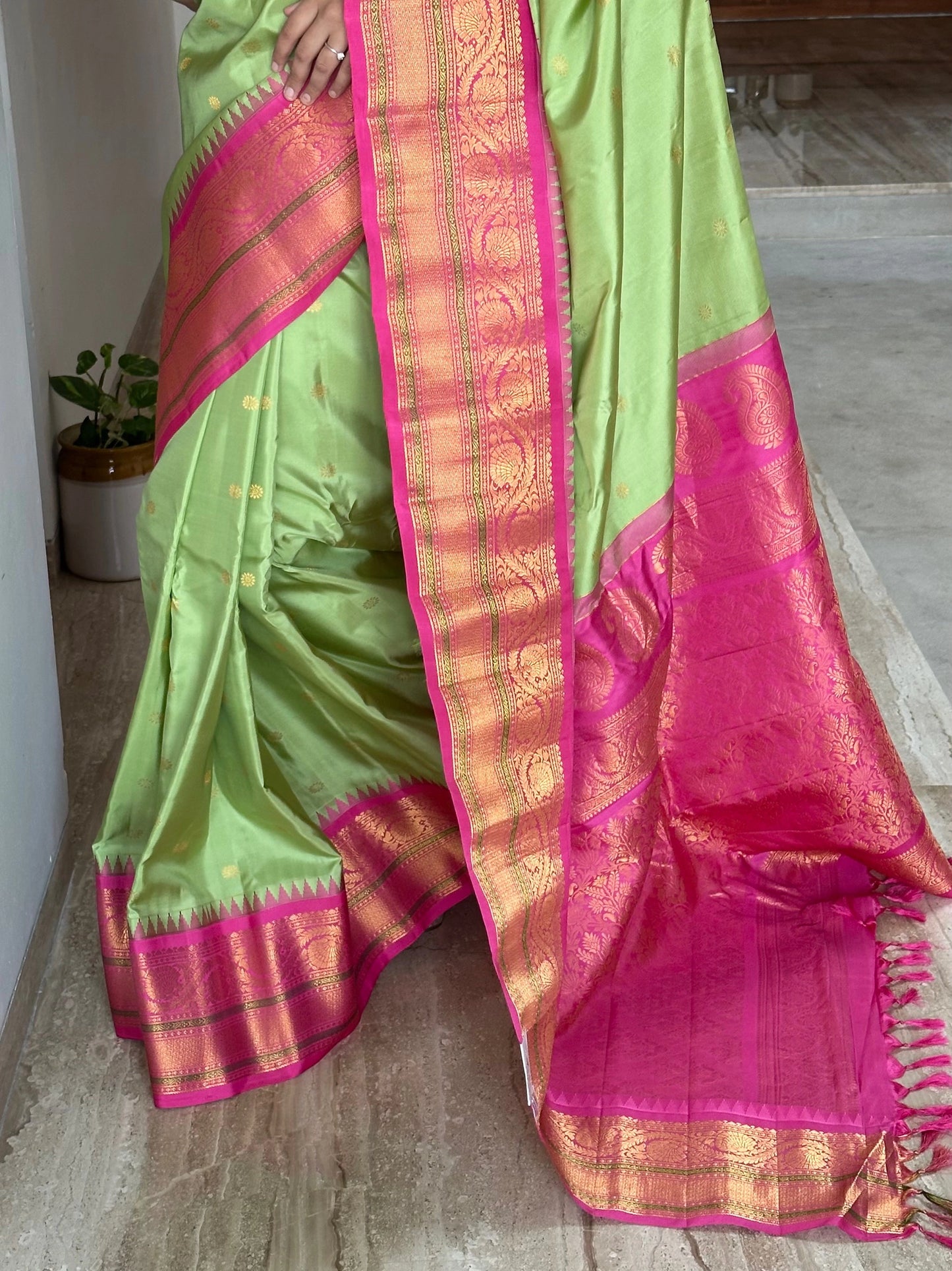 Pista Green-Pink Gadwal Pure Silk Saree