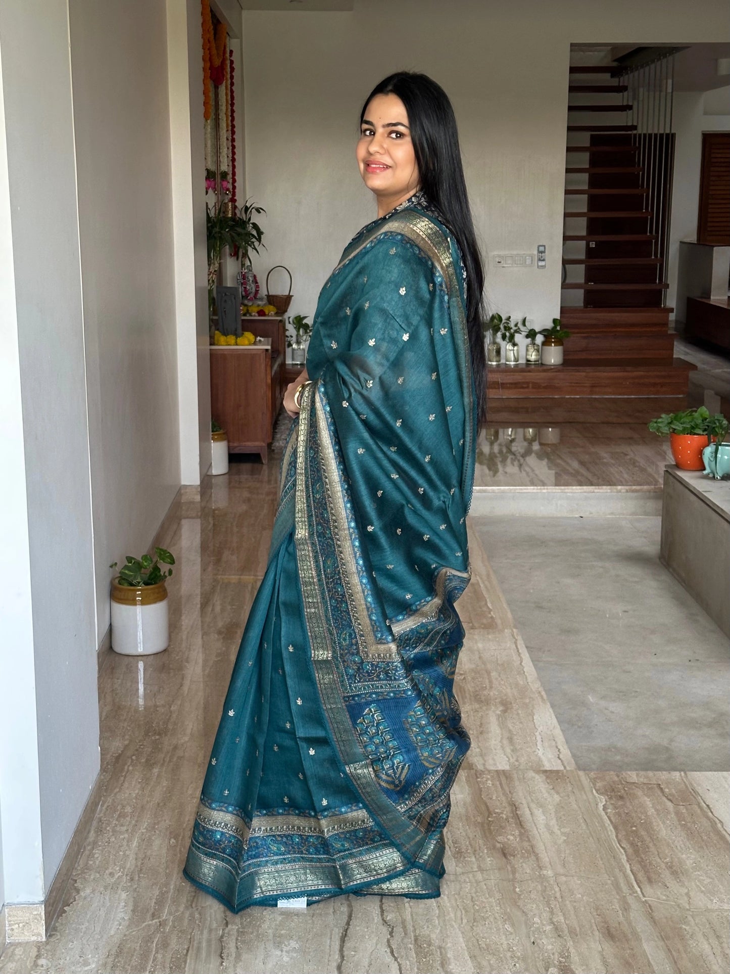 Turquoise Blue Muga Silk Saree