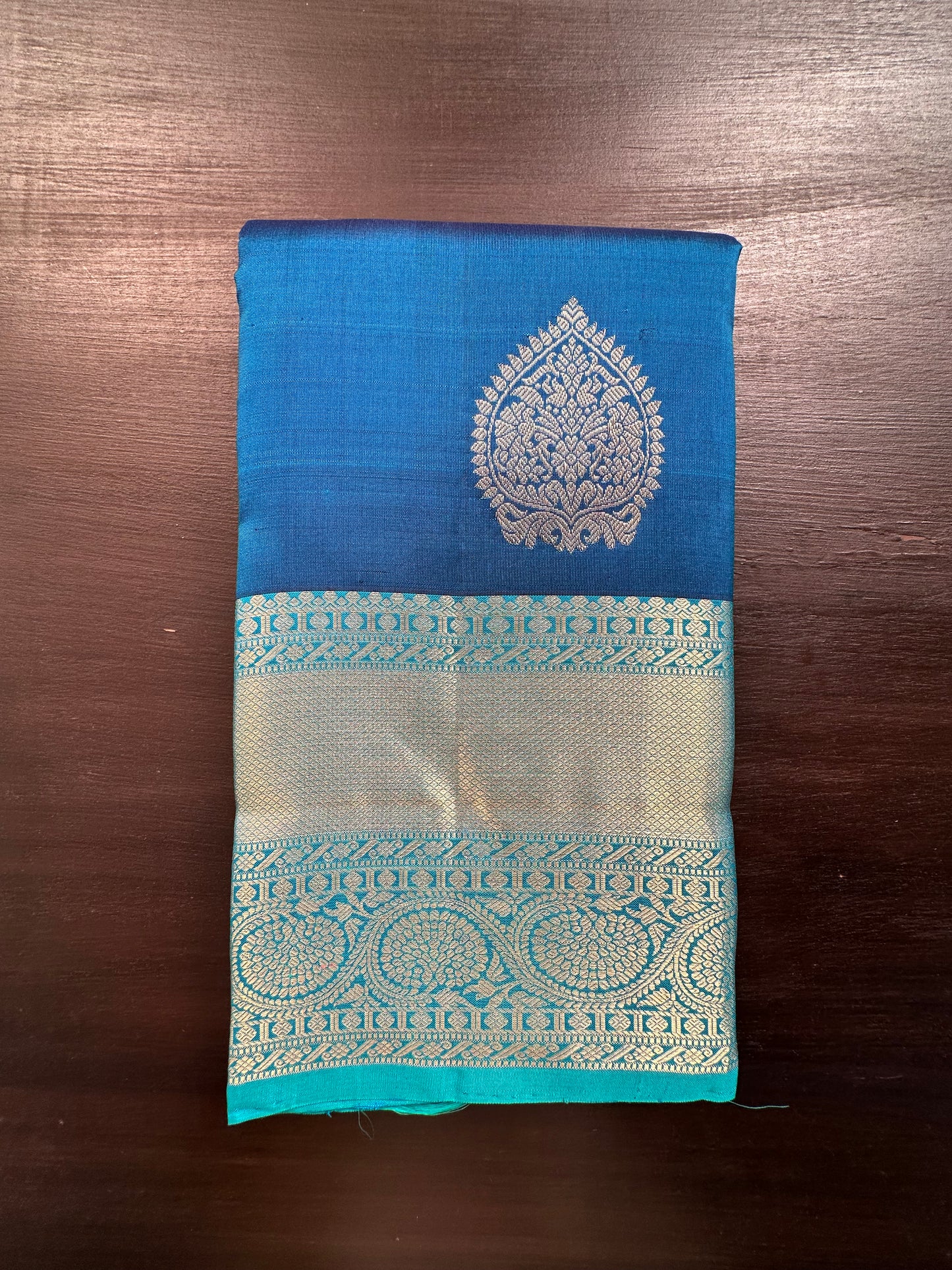 Blue-Firozi Handloom Kanjivaram Pure Silk Saree