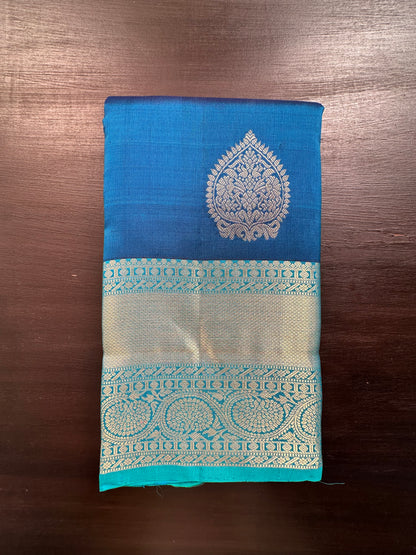 Blue-Firozi Handloom Kanjivaram Pure Silk Saree