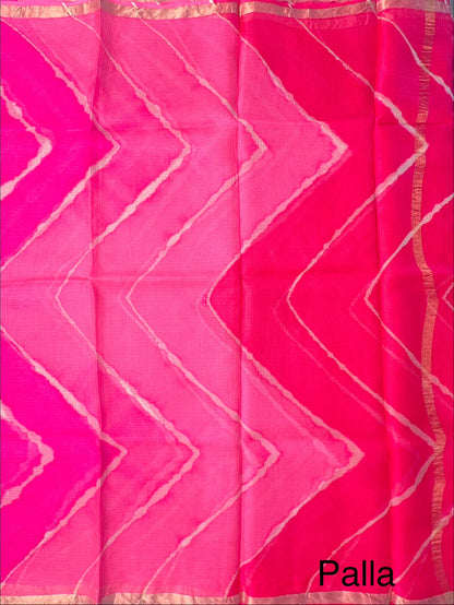Pink-Rani Leheriya Kota Doria Pure Silk Saree