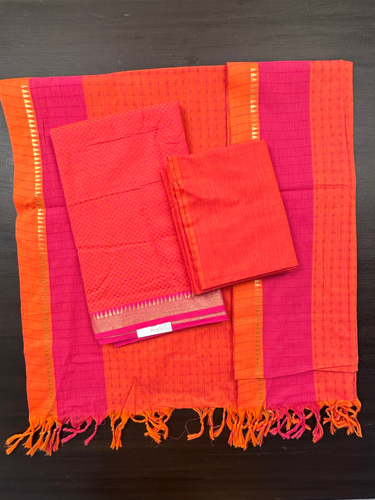 Orange-Rani Handloom Emboss Cotton  3-Piece Suit