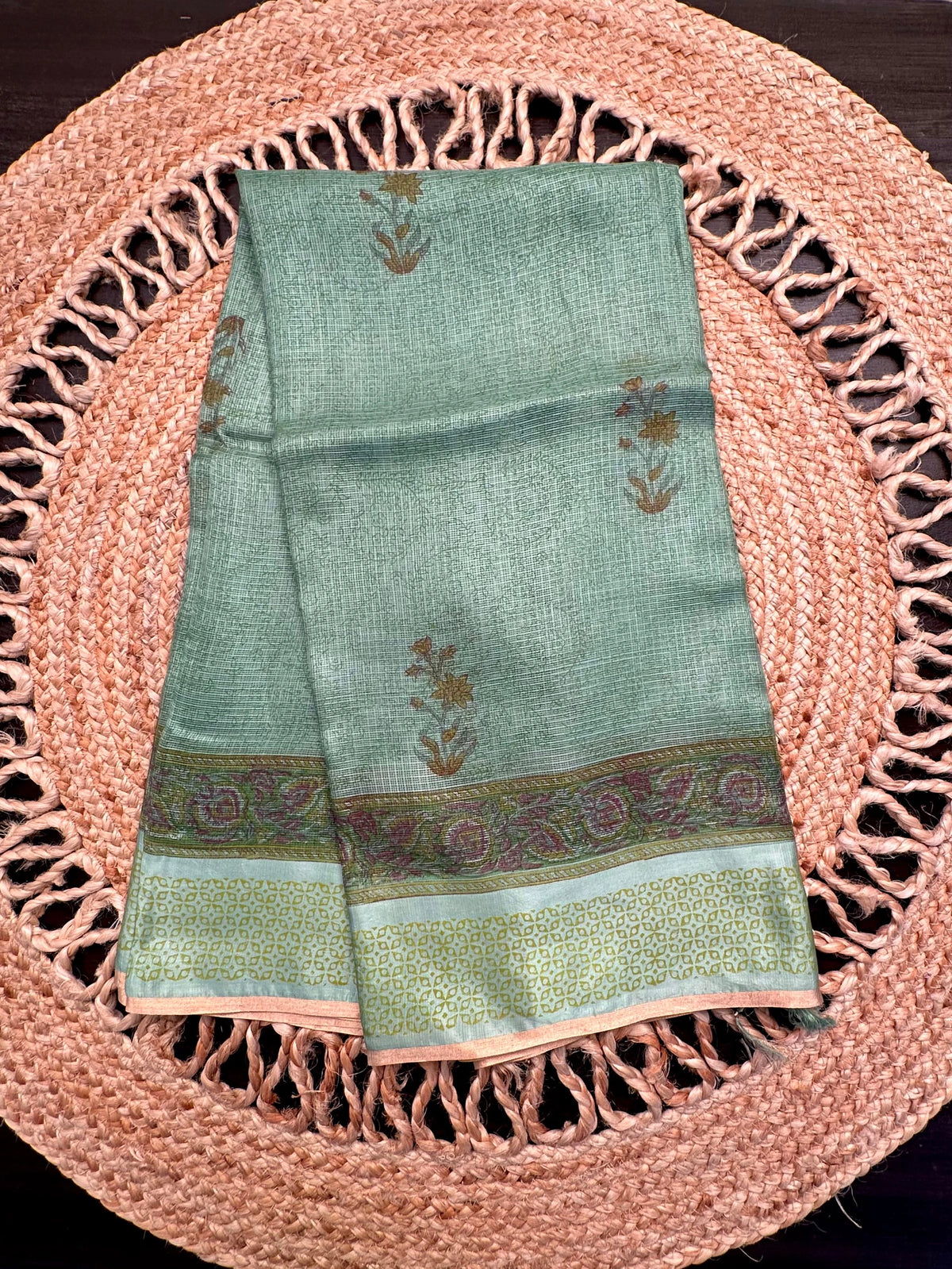 Pista Hand Block-Print Pure Kota Doria Silk Saree