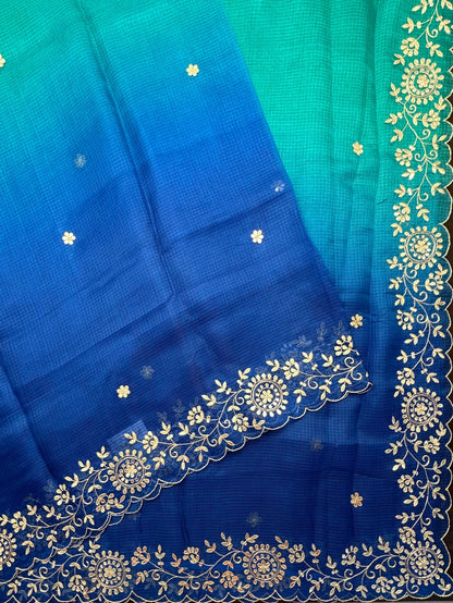 Sea Green-Blue Rati Shaded Kota Doria Pure Silk Saree With Gota Patti Work