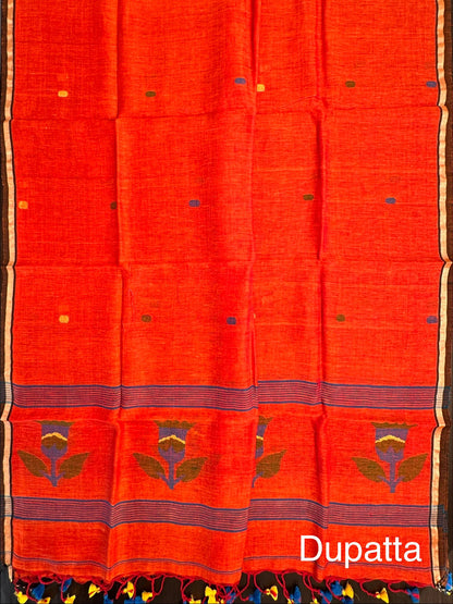 Kesari Orange Linen Dhakai 2 Piece Kurta Dupatta Unstitched Set