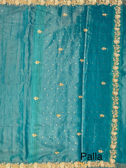 Firozi Tussar-Tissue Silk Saree with Hand Work