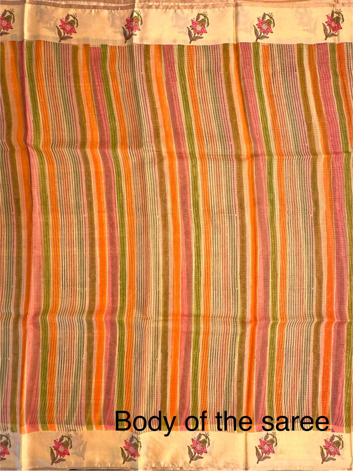Lemon-Multi Colour Hand Block-Print Pure Kota Doria Silk Saree
