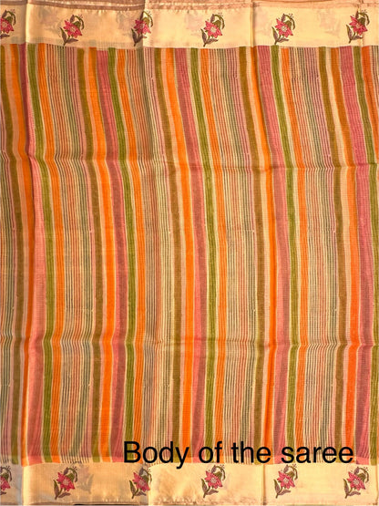 Lemon-Multi Colour Hand Block-Print Pure Kota Doria Silk Saree