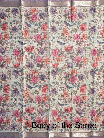 Off White-Mauve Floral Kota Doria Saree