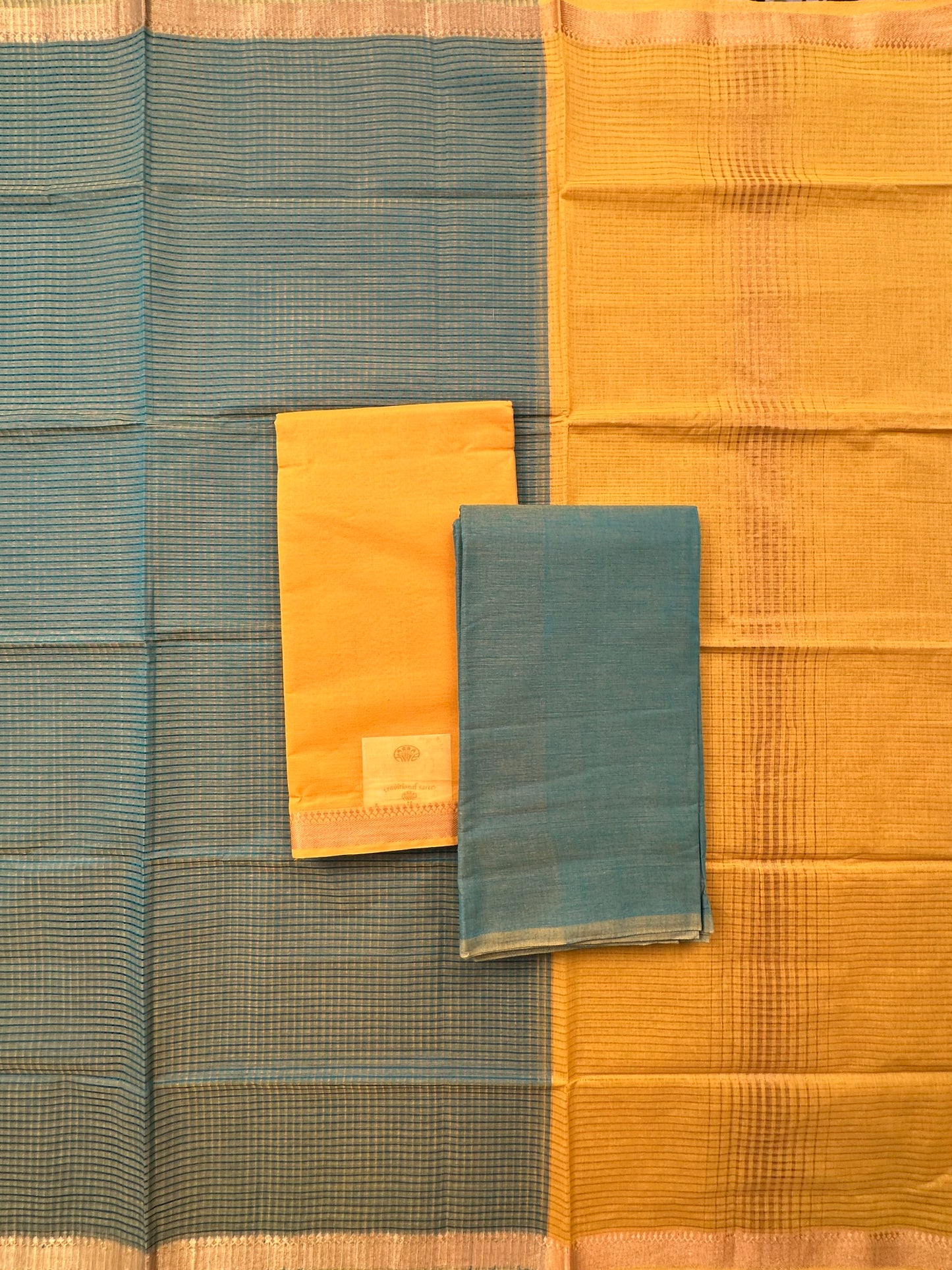 Yellow-Blue Mangalgiri Pure Cotton Unstitched 3-Piece Suit