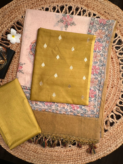Mehendi Green Chanderi 3-Piece Unstitched Suit with Madhubani Dupatta