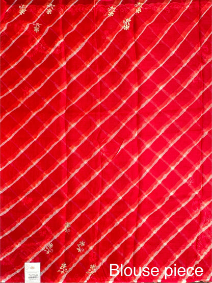 Red-Orange Kyra Leheriya Kota Doria Pure Silk Saree With Gota Patti Work