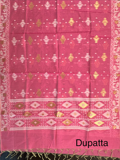 Off White-Pink Jacquard Chanderi Unstitched Suit