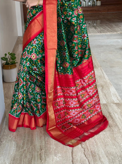 Bottle Green-Red Patola Handloom Silk Saree