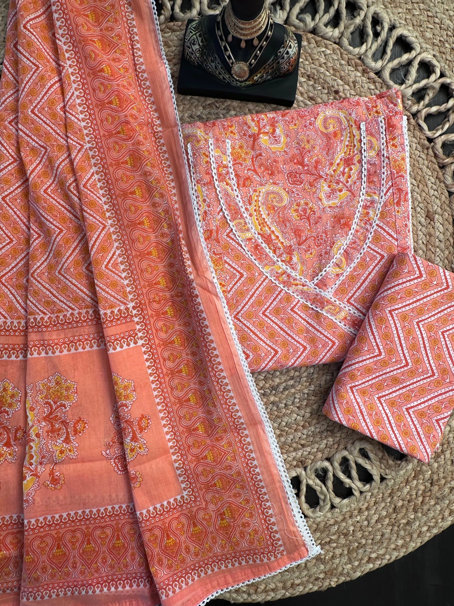Peach Angrakha Printed Cotton 3-Piece Suit