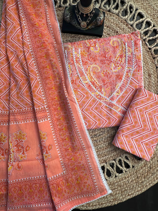 Peach Angrakha Printed Cotton 3-Piece Suit