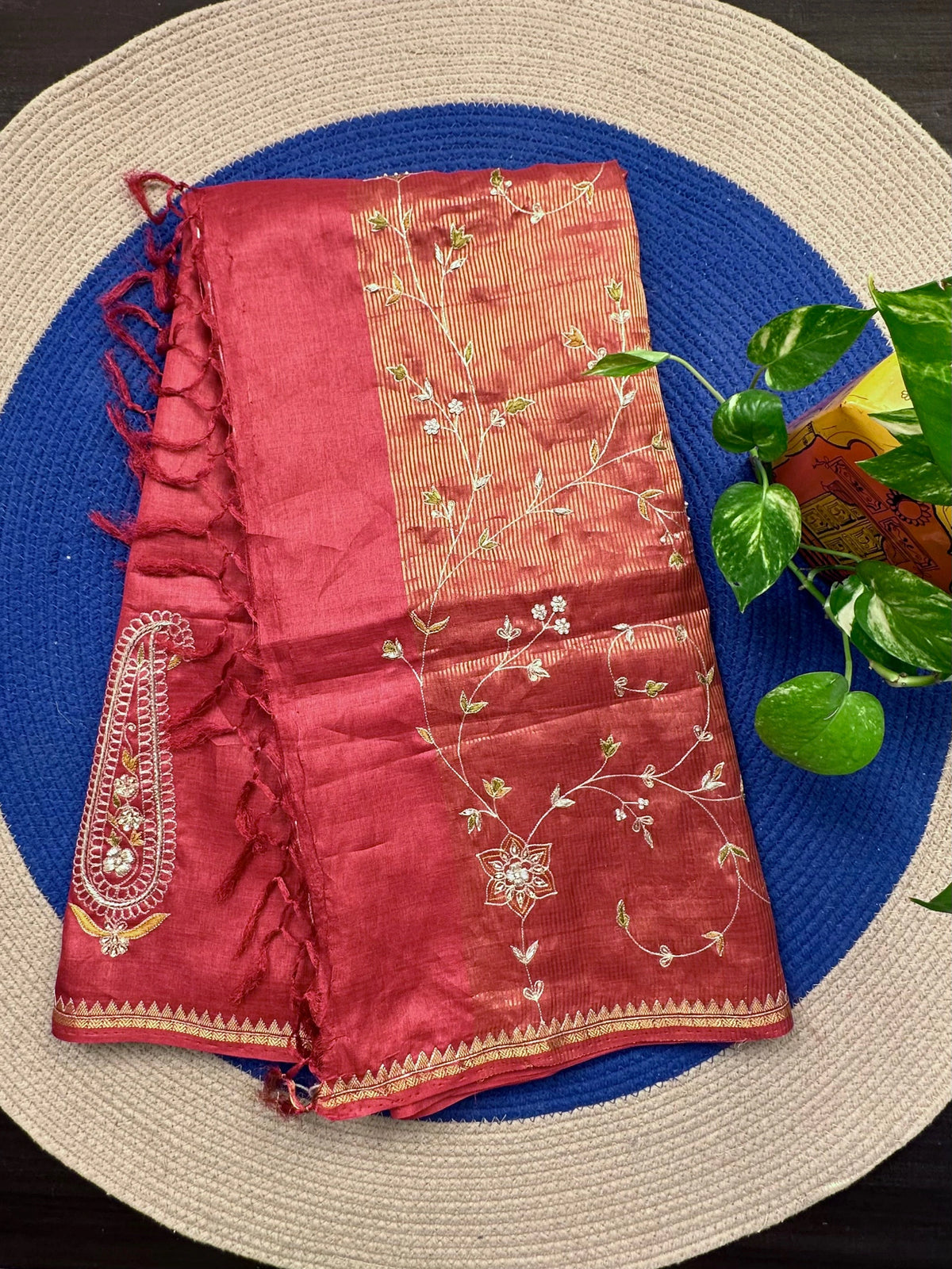 Maroon Hand Work Pure Tussar Silk Saree