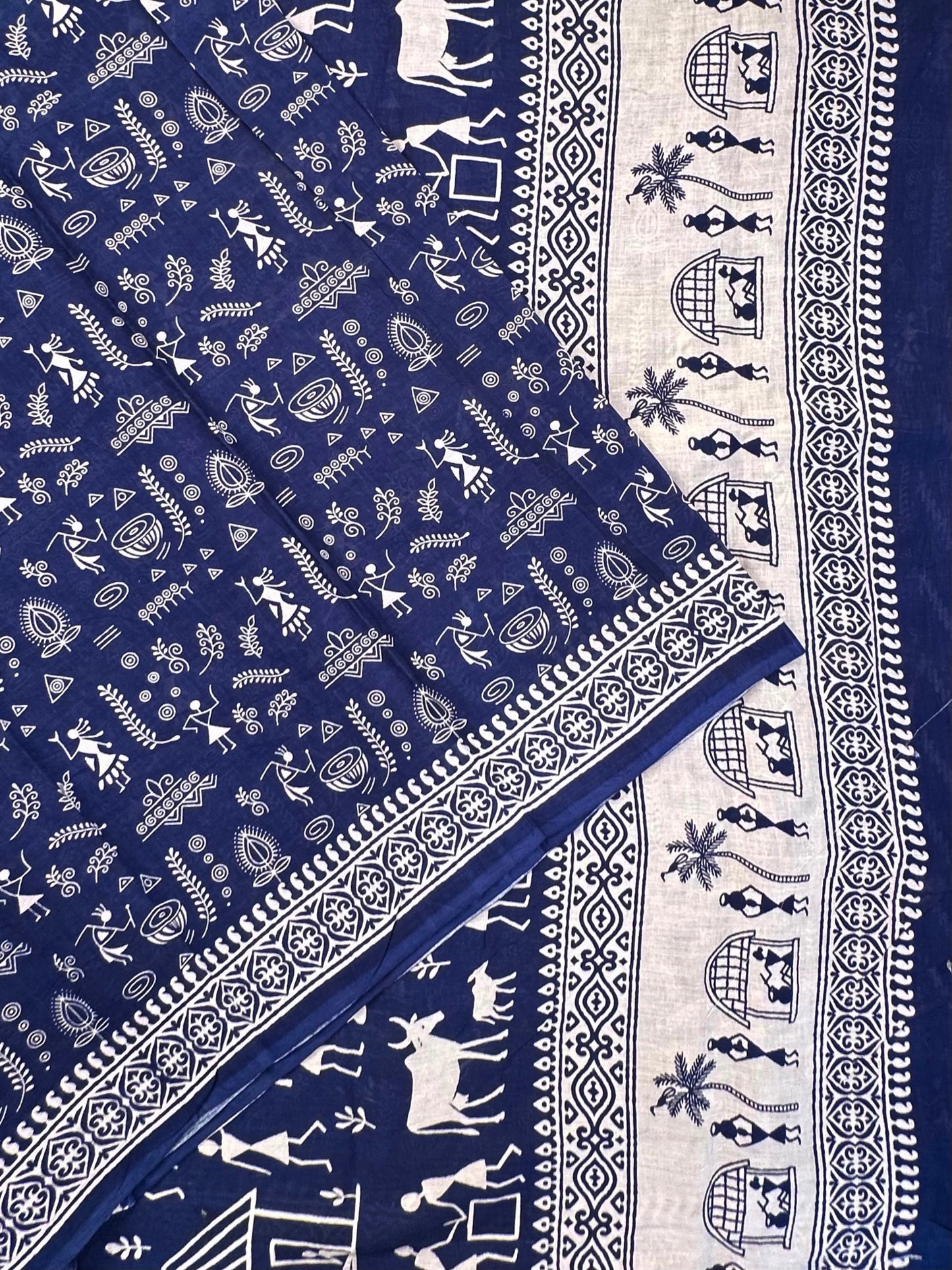Navy Blue Warli Print Pure Cotton Saree