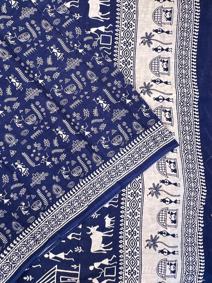 Navy Blue Warli Print Pure Cotton Saree