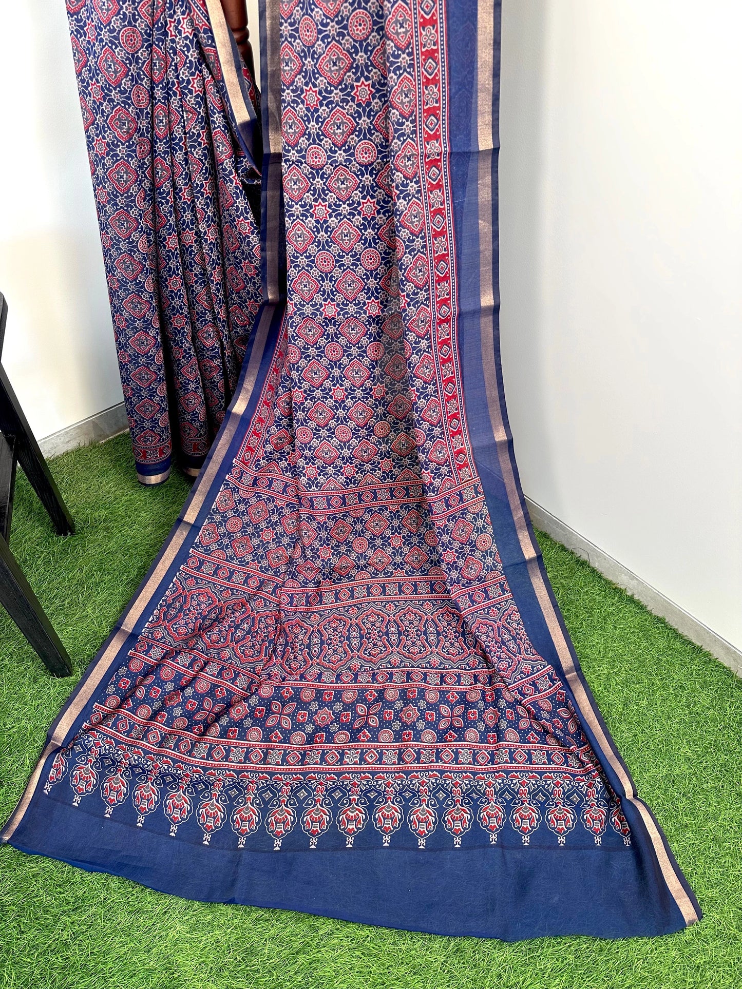 Navy Blue Ajrakh Print Cotton Blend Saree