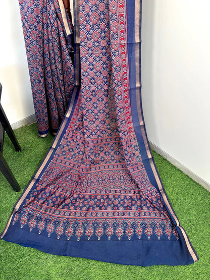 Navy Blue Ajrakh Print Cotton Blend Saree