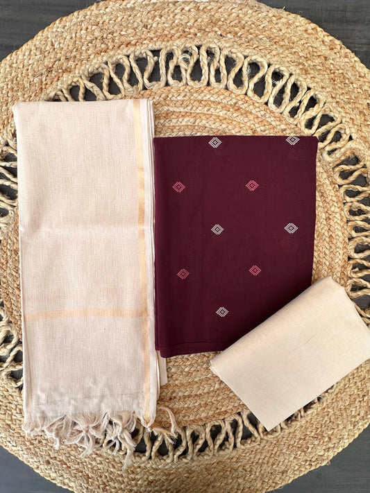 Wine-Beige Avani South Cotton 3-Piece Suit