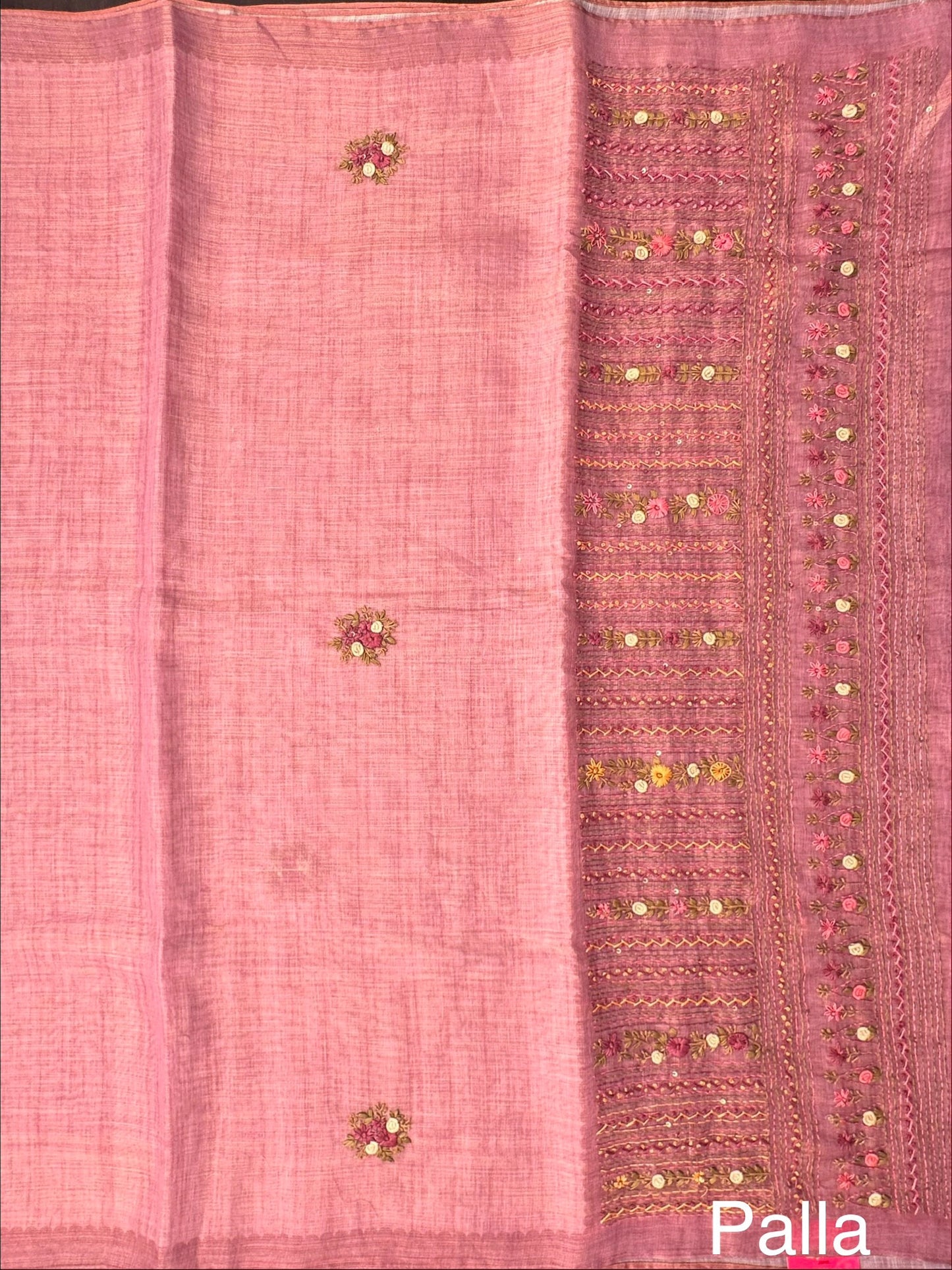 Dusky Pink Blended Cotton Saree with Hand Embroidery