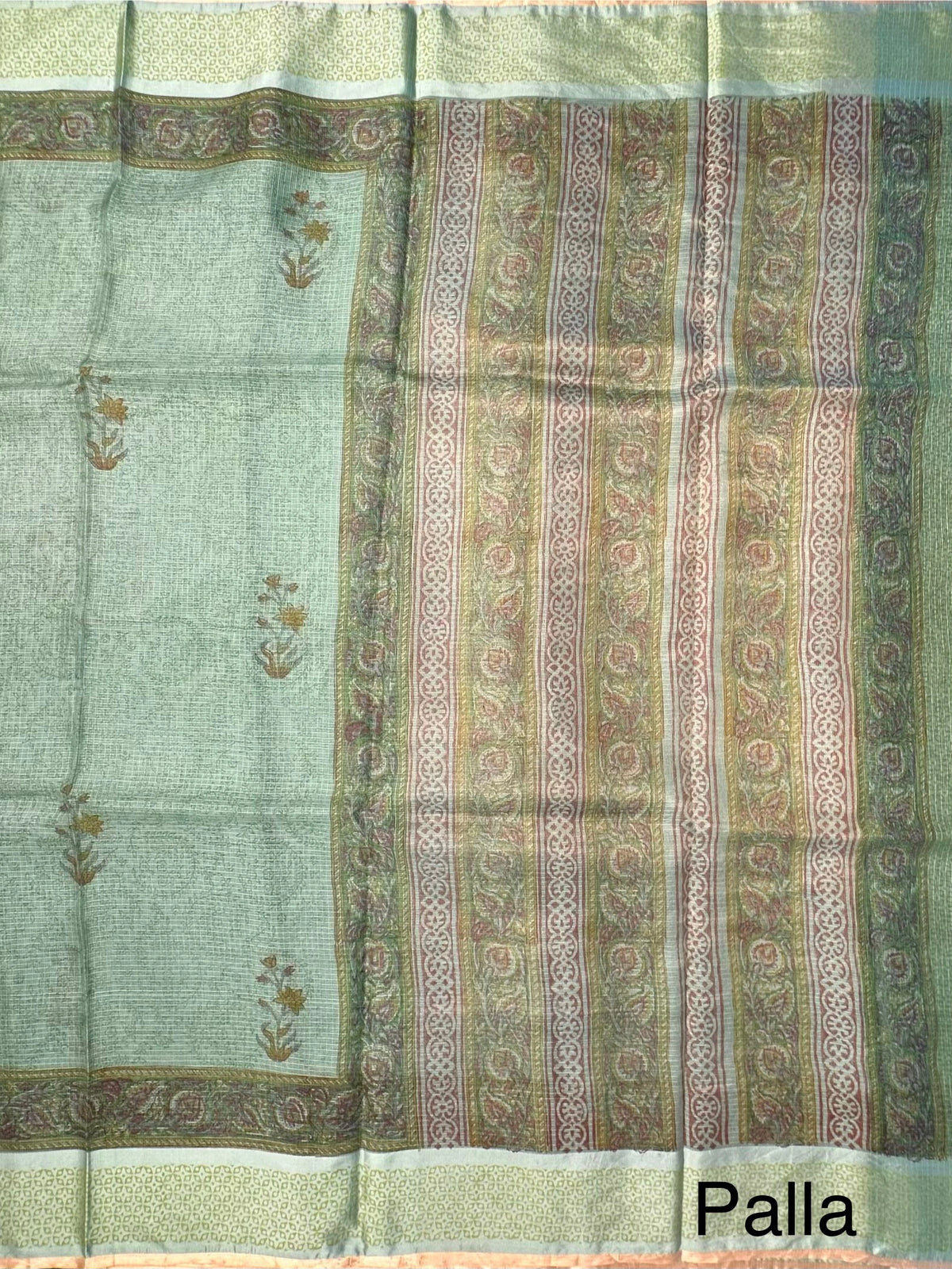 Pista Hand Block-Print Pure Kota Doria Silk Saree