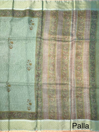 Pista Hand Block-Print Pure Kota Doria Silk Saree