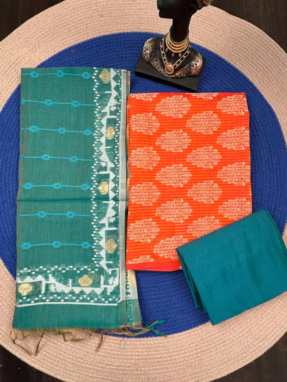 Orange Jacquard 3-piece Unstitched Cotton Suit