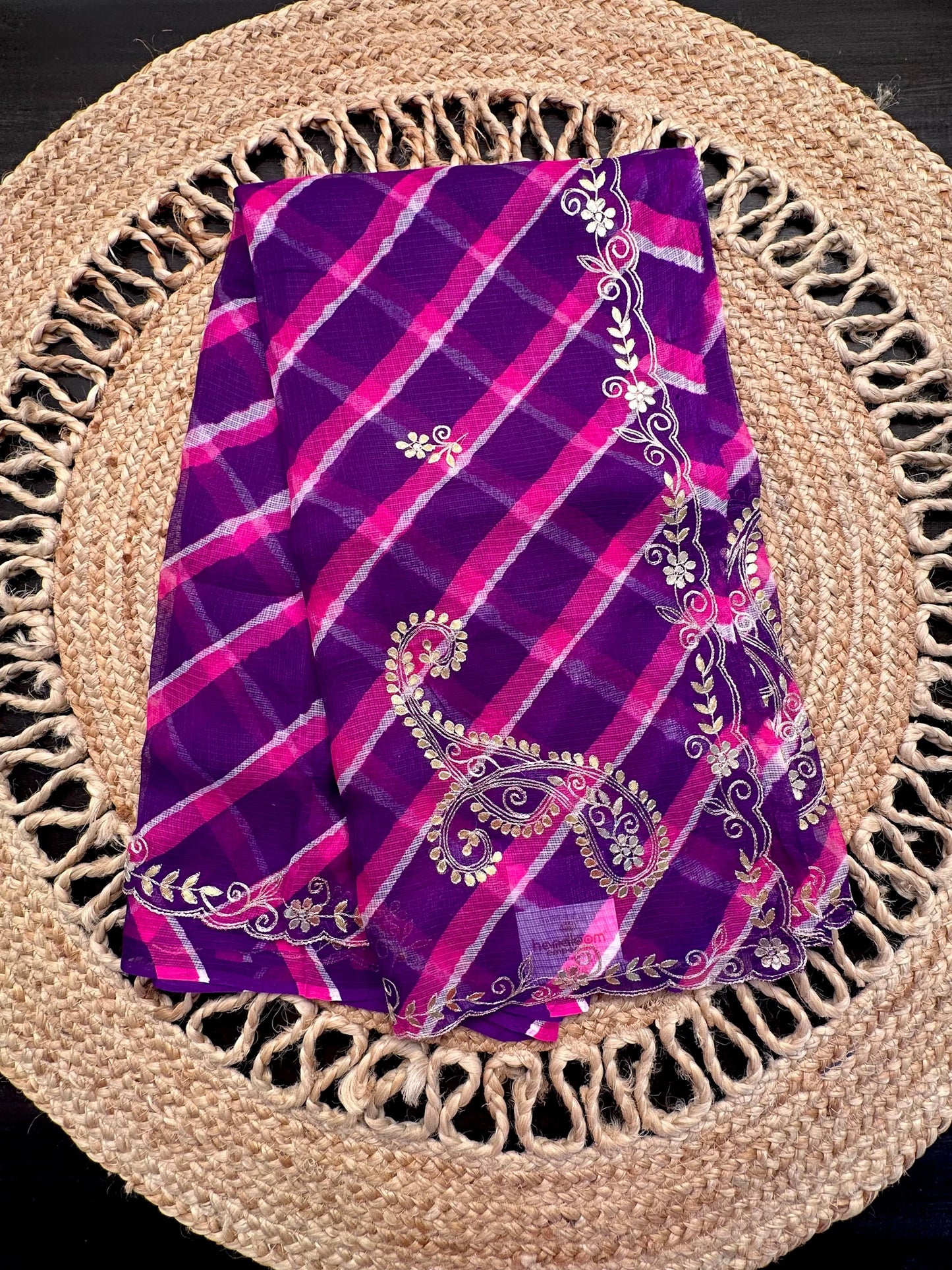 Purple-Rani Kyra Leheriya Kota Doria Pure Silk Saree With Gota Patti Work