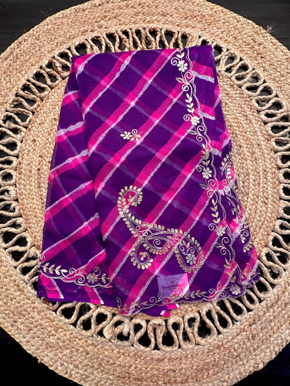 Purple-Rani Kyra Leheriya Kota Doria Pure Silk Saree With Gota Patti Work